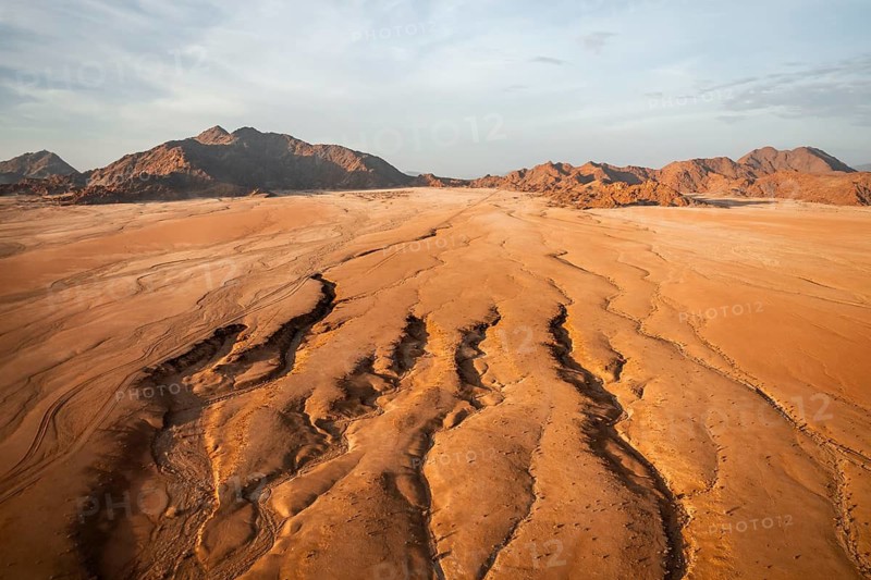 Aerial view, evening mood, canyons in the Namib Desert behind Naukluft Mountains, Namib Naukluft Park, Namibia