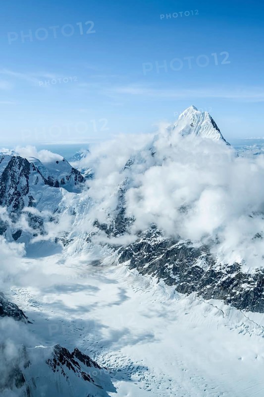 Summit of high mountains with glaciers, Mount Huntington on the right, 3731 m, aerial view, Alaska Range, Denali National Park, Alaska, USA