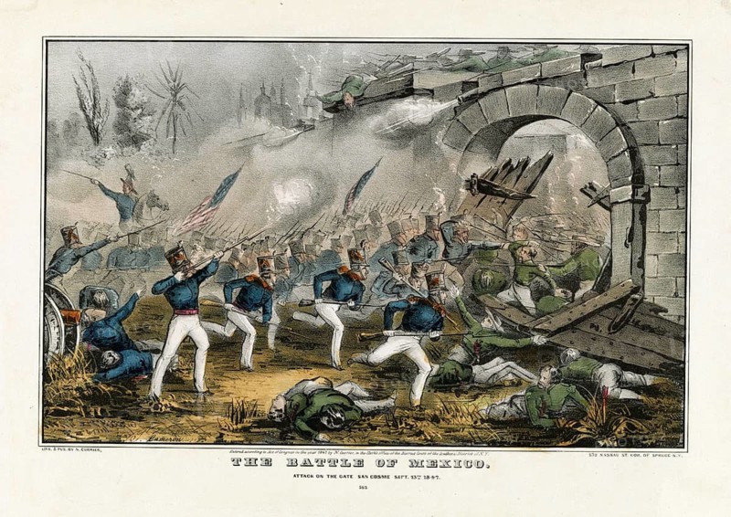 Color block print from 1847 with the title The Battle of Mexico. Attack on the Gate San Cosme, Sept. 13th 1847. The storming of the San Cosme Gate during the Battle of Mexico City on September 13, 1847 in the Mexican-American War. American troops advance into the fortified positions of the Mexican defenders under heavy fire and close combat, American history, authentic, digitally restored reproduction from a 19th-century original, exact date of depiction unknown, historical