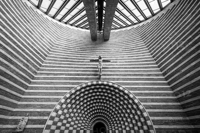 Interior view in black and white, Roman Catholic church of San Giovanni Battista, built in the same place as the village church destroyed by avalanche in 1986, architect Mario Botta, Mogno, Maggia Valley, Valle Maggia, municipality of Lavizzara, Canton of Tessin, Switzerland