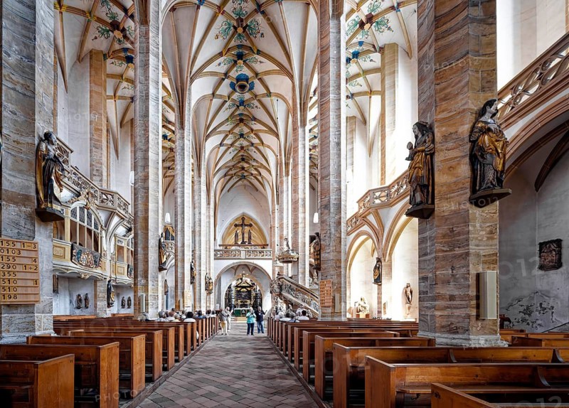 Nave, altar, tulip pulpit and miner's pulpit, Freiberger Dom St. Marien, religious building, interior, Silberweg interior, ore mining, silver mining, Margrave Otto the Rich, Wettiner, Freiberg, Saxony, Germany