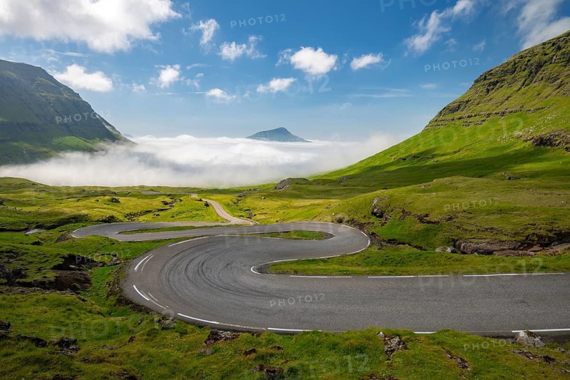 Road to Norðradalur, Curve Road, Streymoy Island, Faroe Islands, Denmark