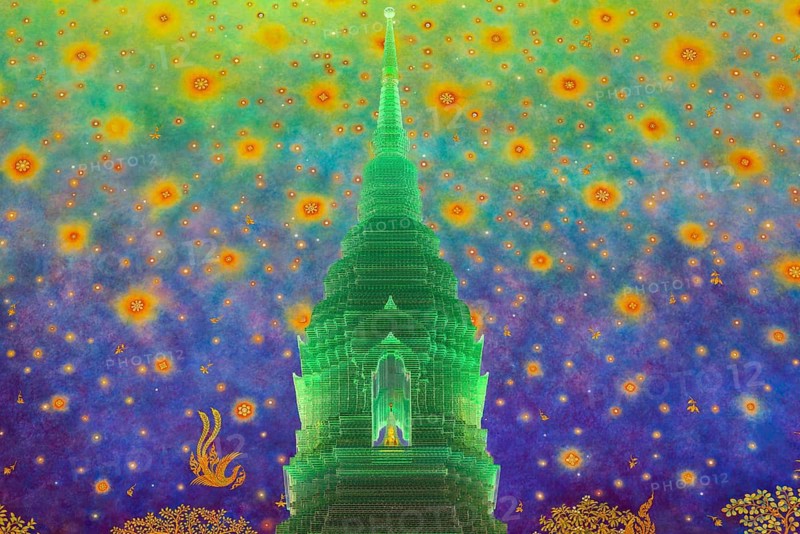 In the emerald green silence of Wat Paknam Phasi Charoen, the glass chedi rises like a glowing heart of light. Golden pillars support a cosmic ceiling that plunges the room into a sense of infinity. The wall paintings tell of Buddha's path to enlightenment and combine earthly beauty with spiritual depth that makes this place so unique, Phasi Charoen district, Thonburi, Bangkok, Thailand
