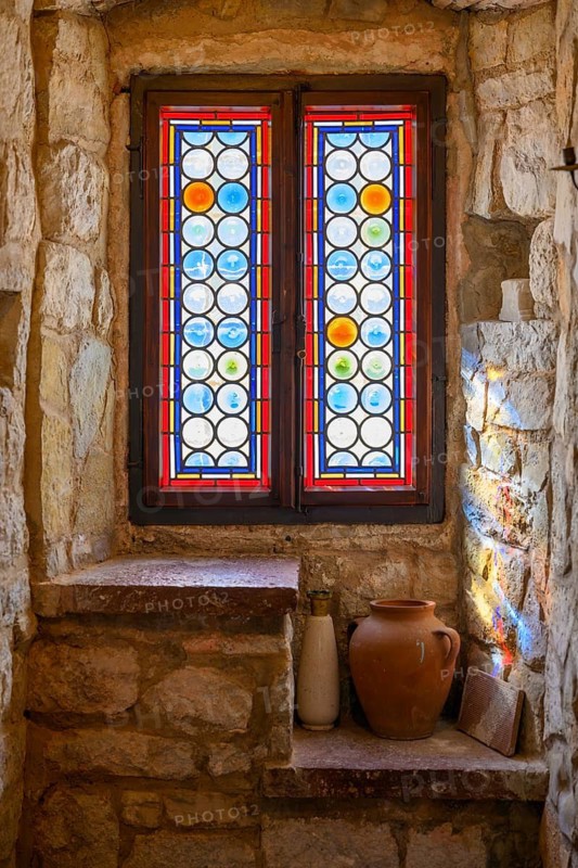 Stained glass windows in Our Lady of the Rocks Museum, Bay of Kotor, Montenegro