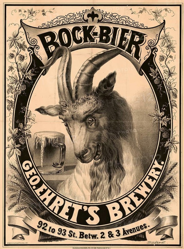 Advertising poster, beverage advertisement, advertising poster from 1882, promotes bock beer at Geo Ehrret's Brewery in New York, shows a goat centrally, a typical symbol of bock beer, authentic reproduction of a historical advertising poster, advertising sign, in high resolution