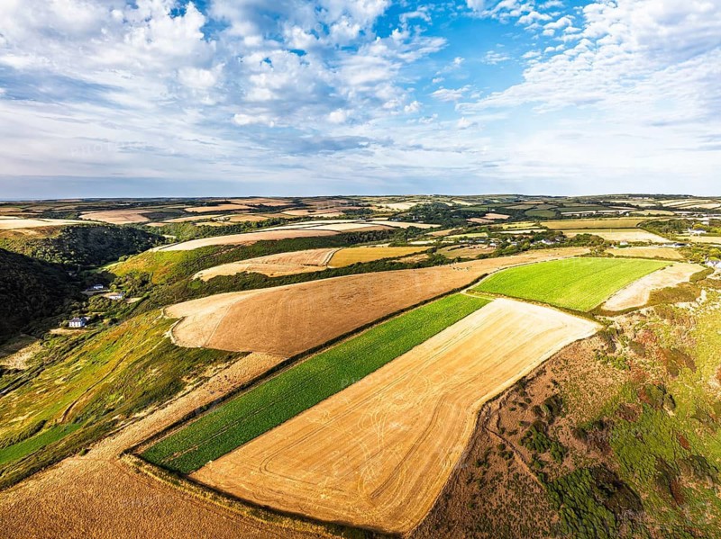 Cliffs and Farms over North Devon and Cornwall Coastpath Border from a drone, Welcombe Mouth Beach, Devon, Cornwall, England, Summer 2026