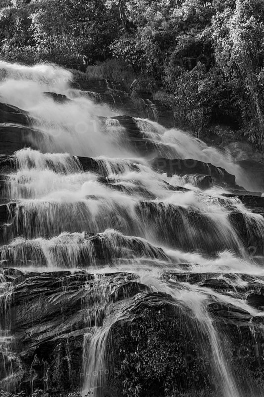 Mae Ya waterfall with cascading flowing water framed by lush tropical vegetation, black and white photo, near Doi Inthanon National Park, Chiang Mai Province, Thailand