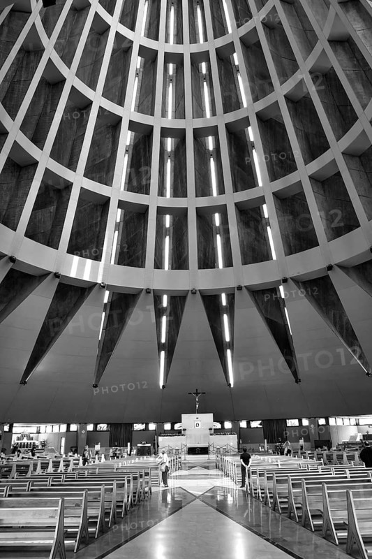 Santuario della Madonna delle Lacrime pilgrimage church, Christianity, b/w photo, black and white, interior, modern architecture, Syracuse