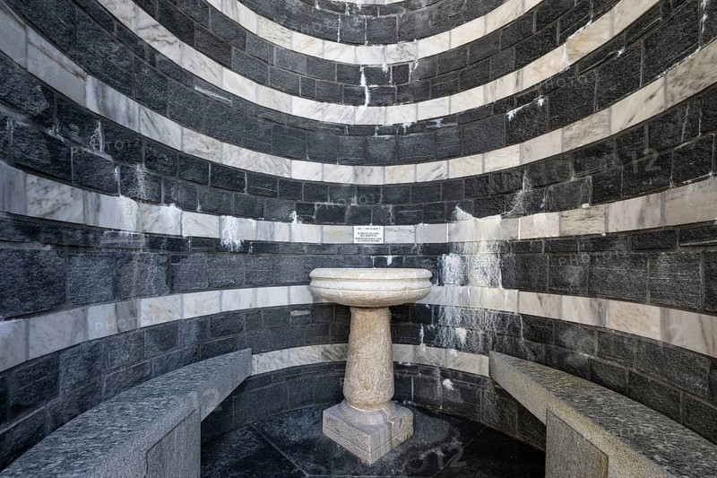 Baptismal font, Roman Catholic church of San Giovanni Battista, built in the same place as the village church destroyed by avalanche in 1986, architect Mario Botta, Mogno, Maggia Valley, Valle Maggia, municipality of Lavizzara, Canton of Tessin, Switzerland