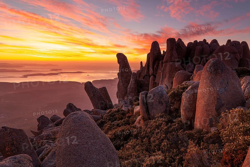 Glowing red sunrise over Mt. Wellington near Hobart in Tasmania. Rocky Landscape with Distant View