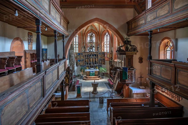 Interior of St. Andreas Church, a Gothic hall church, mentioned as early as 1390, Dorfplatz 8, Kalchreuth, Mittelfanken, Bavaria, Germany