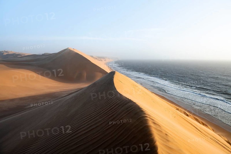 Sand dunes with wave patterns and sea in evening light, wind blowing sand across the dunes, Atlantic coast and sandy desert with sea of dunes, impressive desert landscape, Sandwich Harbour, Namib Naukluft Park, Namib Desert, Namibia
