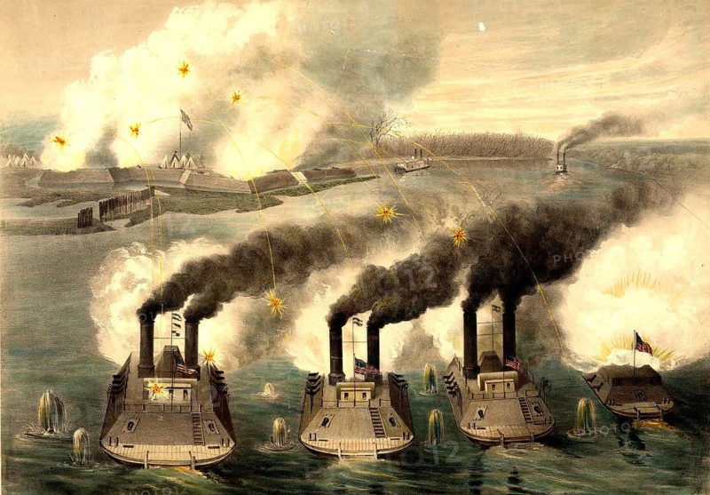 The Capture of Fort Henry under the command of Flag Officer Andrew H. Foote during the American Civil War, armoured Union river gunboats firing on the riverbank fortifications, an authentic, digitally restored high-resolution reproduction of a 19th-century original, exact date of the scene unknown, American history, historical