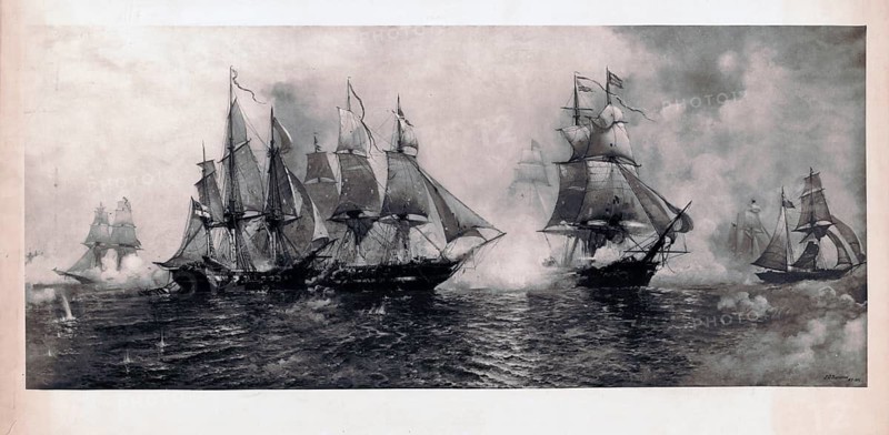Depiction of the Battle of Lake Erie (10 September 1813) during the War of 1812. The illustration depicts the decisive turning point of the naval battle near Put-in-Bay, Ohio, in which the American brig USS Niagara (under Commander Oliver Hazard Perry) broke through the British line of battle and passed through whilst firing. The American fleet (nine ships) completely defeated the British force (six ships), leading to the first ever surrender of an entire British naval unit in history, American history, authentic, digitally restored reproduction of a 19th-century original, exact date of the depiction unknown, historical
