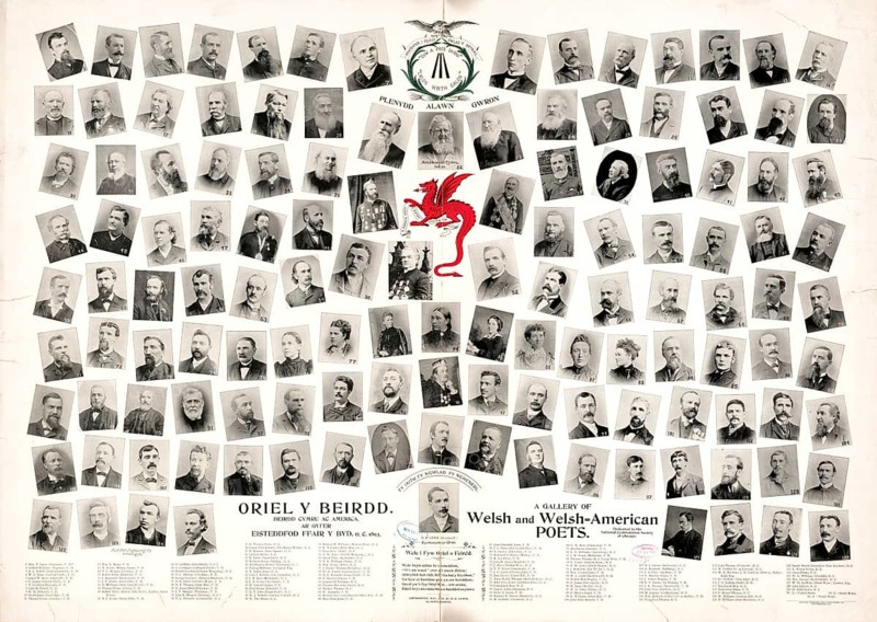 Historical photo montage that contains numerous portraits of Welsh and Welsh-American poets, similar to a memorial plaque or collector's sheet. The work was put together on the occasion of the National Eisteddfod of Wales, a traditional Welsh festival of culture, literature and music, and for the Welsh community in America in 1893, authentic, digitally restored reproduction from a 19th-century model, exact date of presentation unknown, historical
