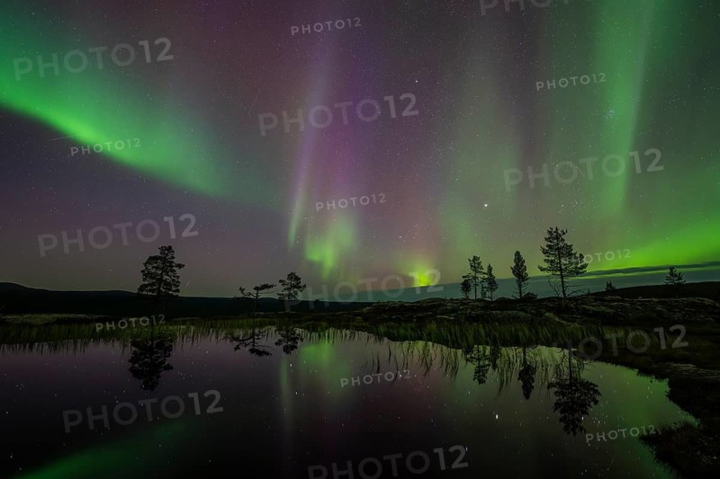 Northern Lights (Aurora borealis) reflected in a mountain lake, Norrbotten, Lapland, Sweden, September 2024