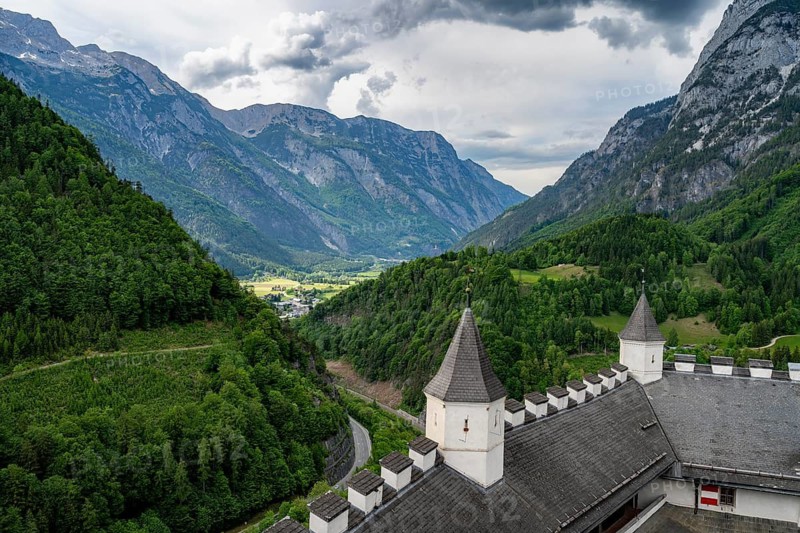 View from the castle of the Lueg Pass, Hohenwerfen Fortress, Werfen, Pongau, Salzburg state, Austria