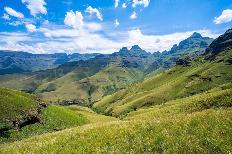 Mountainous landscape of Cathedral Range, Cathedral Peak, Drakensberg, KwaZulu-Natal, South Africa