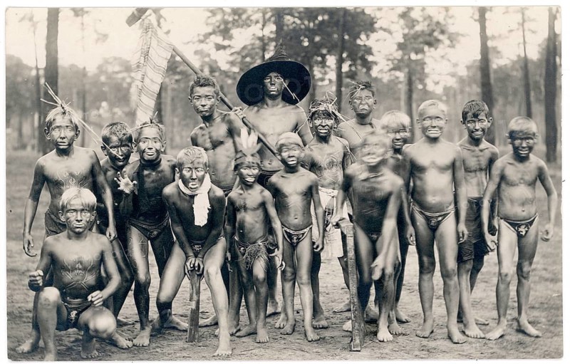 Trip, boys, brat, Indian game, disguised, oiled, gang, twenties, freeness, group of boys, posing in the forest, around 1926