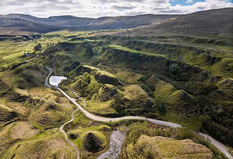 Aerial drone photo of the volcanic landscape of Glen Fairy, Isle of Skye, Scotland, UK