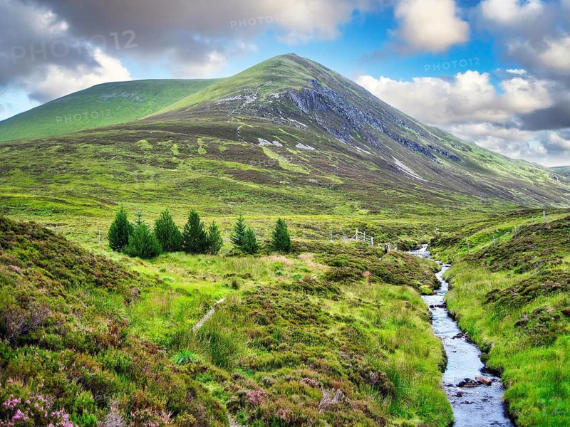 View of a Munro, Ben Wyvis, An Cabar mountain peak, stream, view from hiking trail, hiking, Easter Ross, Ross and Cromarty, Northwest Highlands, Highlands, Scotland, Great Britain