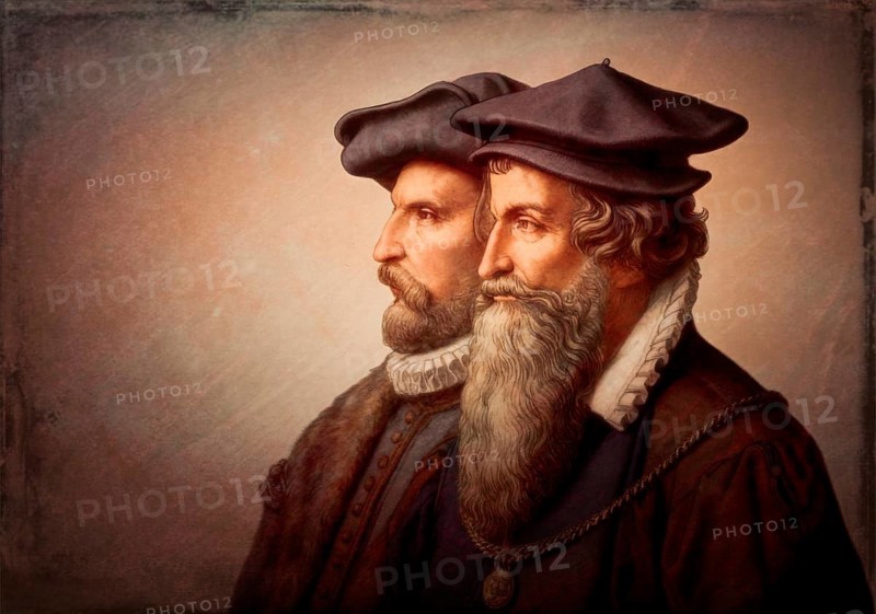 The cartographers Gerhard Mercator and Abraham Ortelius, digitally edited based on a historical medal from 1870