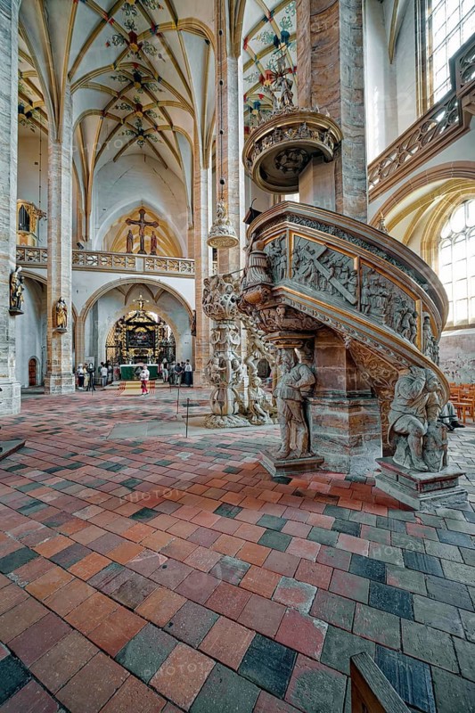 Altar, tulip pulpit and miner's pulpit, Freiberger Dom St. Marien, religious building, interior, Silberweg interior, ore mining, silver mining, Margrave Otto the Rich, Wettiner, Freiberg, Saxony, Germany