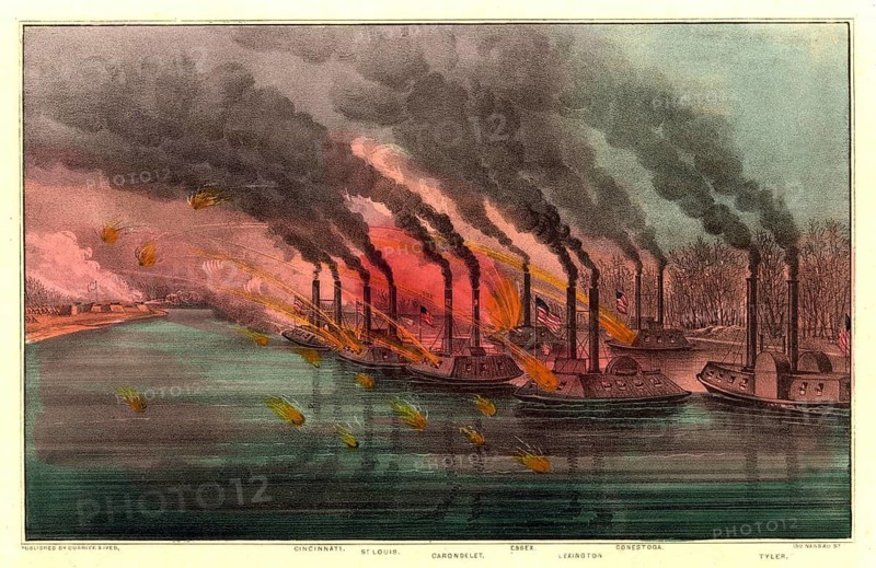 Bombardment and capture of Fort Henry, Tennessee: an attack by Union gunboats under Commodore Andrew H. Foote on the Confederate Fort Henry on 6 February 1862 during the American Civil War. In the foreground are the armoured and wooden gunboats of the US Navy (including the Cincinnati, St. Louis, Carondelet, Essex, Lexington, Conestoga and Tyler) can be seen firing, an authentic, digitally restored high-resolution reproduction of a 19th-century original, exact date of the depiction unknown, American history, historical