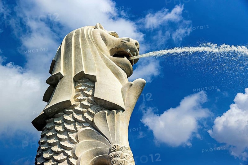 Against a blue sky the Iconic Merlion fountain spouting water designed with a lion head and fish body at Merlion Park overlooks Marina Bay, Singapore