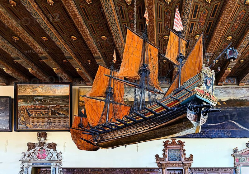 Model of a Bremen orlog ship in the Upper Town Hall in Bremen City Hall, interior view, UNESCO World Heritage Site, Hanseatic City of Bremen, Germany