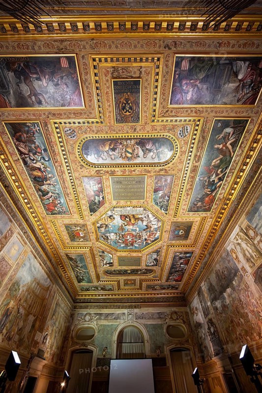 Parliament room with ceremonial ceiling, wall painting and ceiling painting, Castello di Udine, Friuli-Venezia Giulia, Italy