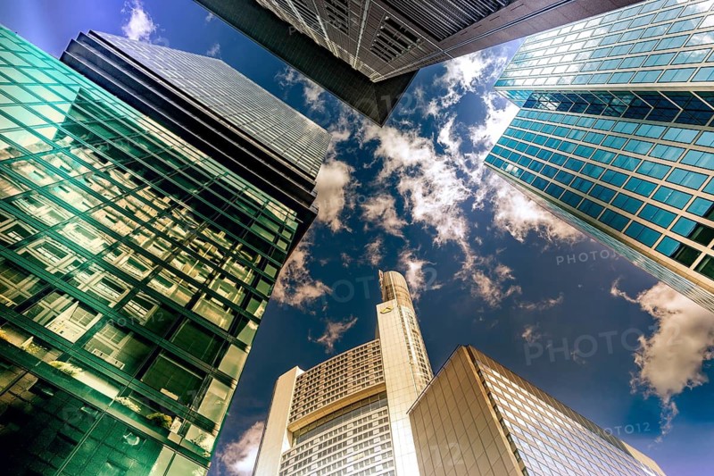 Frog's eye view, office complexes and high-rise buildings in the financial district of Frankfurt am Main, Hesse, Germany