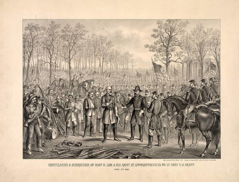 The surrender and surrender of General Robert E. Lee, Commander of the Confederate Southern Army, to Lieutenant General Ulysses S. Grant, Commander of Union Forces of the North, on April 9, 1865, end of the American Civil War, authentic, digitally restored reproduction in high resolution from a 19th-century original, exact date of presentation unknown, American history, historical