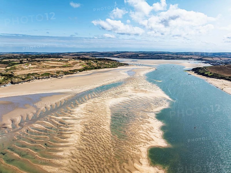 View of River Camel Estuary from a drone at low tide over Padstow and Rock, Cornwall, England, United Kingdom, Summer 2026
