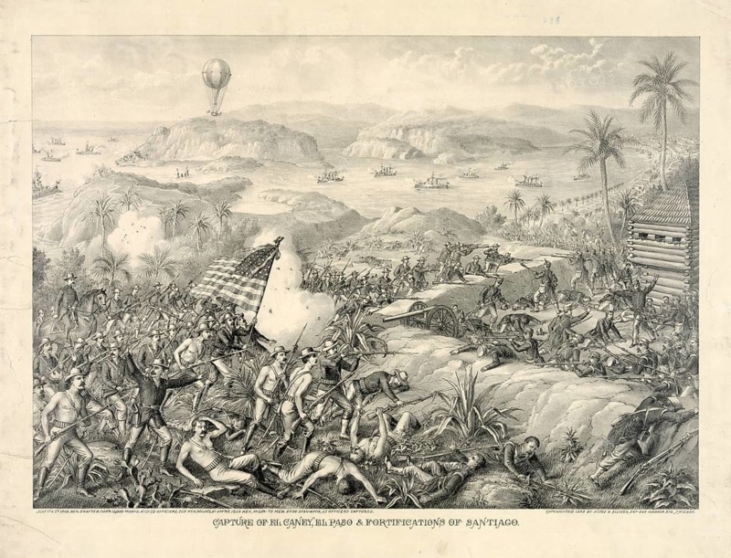Capture of El Caney during the Spanish-American War in Cuba, on July 1, 1898, during which US troops attacked Spanish positions. In the foreground, American soldiers charge forward under the US flag, while in the background you can see ships off the coast and an observation balloon, authentic, digitally restored reproduction in high resolution from a 19th-century original, exact date of depiction unknown, American history, historical