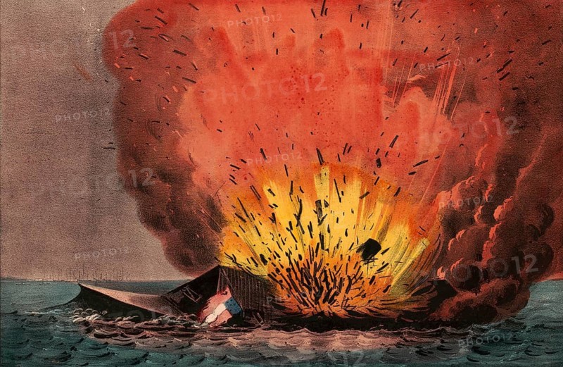The scuttling and self-sinking of the Confederate ironclad frigate CSS Virginia. The destruction took place on 11 May 1862, after Confederate troops were forced to evacuate the area around Norfolk (Virginia) and did not wish to allow the ship to fall into Union hands, American history, authentic, digitally restored high-resolution reproduction from a 19th-century original, exact date of the depiction unknown, historical