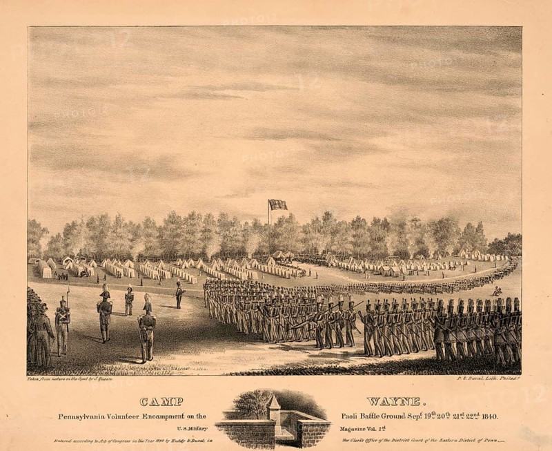 Camp Wayne, Pennsylvania Volunteer Encampment at the Paoli Battle Ground. A US militia volunteer field camp from September 19 to 22, 1840 on the historic Paoli battlefield in Chester County, Pennsylvania, authentic, digitally restored high-resolution reproduction from a 19th-century original, exact date of presentation unknown, American history, historical