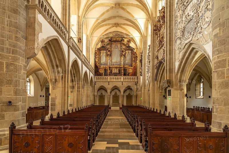 Sauer organ in the interior of the Lutheran parish church in Sibiu or Sibiu, Transylvania, Romania