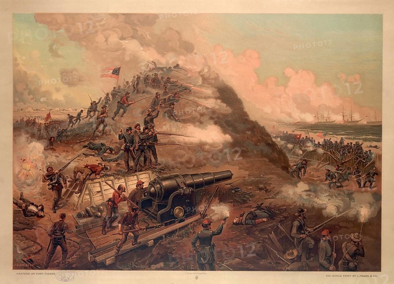 The decisive storming of Confederate Fort Fisher by Union troops during the Second Battle of Fort Fisher in the American Civil War on January 15, 1865, authentic, digitally restored reproduction in high resolution from a 19th century original, exact date of presentation unknown, American history, historical