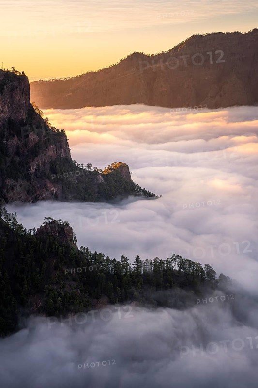 View of the sea of fog in the Caldera de Taburiente at sunset. La Palma, Canary Islands, Spain