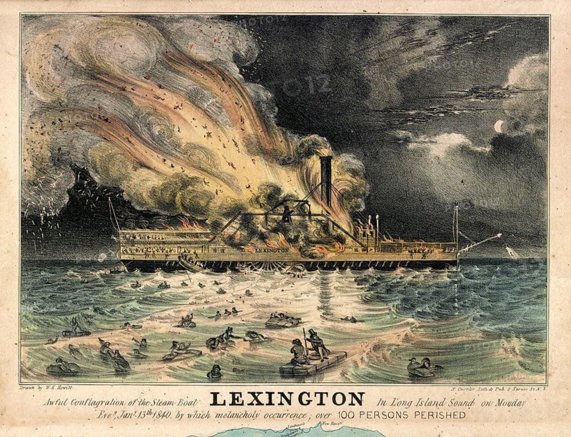 A historical lithograph by Nathaniel Currier from 1840, entitled *Awful Conflagration of the Steam Boat Lexington*, depicting the tragic fire and sinking of the American side-wheel steamer *Lexington* in Long Island Sound on 13 January 1840. On the evening of 13 January 1840, whilst en route from New York to Stonington (Connecticut), the paddle steamer caught fire, caused by overheated funnel linings which set alight the loaded bales of cotton. Of the estimated 143 to 150 people on board, only four survived, making it one of the most horrific shipping disasters of the 19th century in this region, American history, authentic, digitally restored reproduction of a 19th-century original, exact date of the depiction unknown, historical