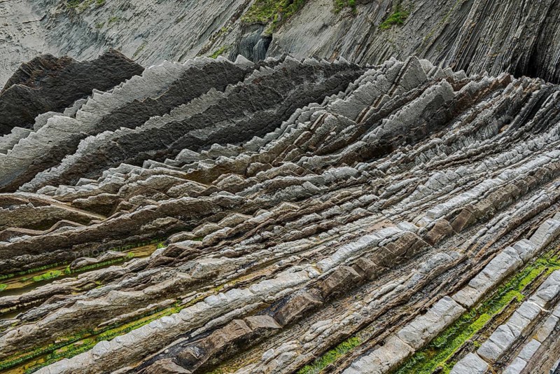 Geological formation of sandstone and limestone layers, Flysch on Itzurun Beach in Zumaia, Spain