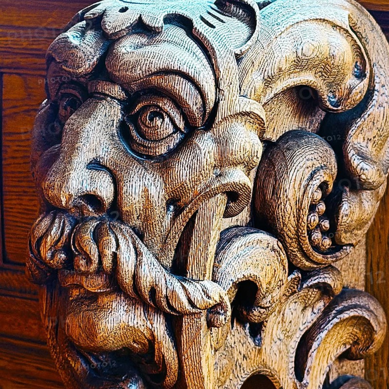 Expressive head carved entirely from oak wood on the council stalls in the Upper Town Hall in Bremen City Hall, Hanseatic City of Bremen, Germany