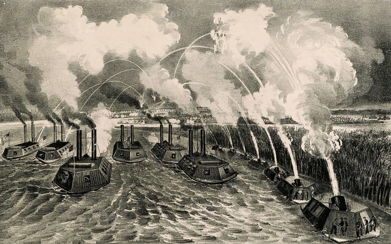 The shelling of Island Number Ten (Island No. 10) by the US river gunboat and mortar fleet during the American Civil War in 1862. In the foreground are heavily armoured river gunboats, ironclads and mortar boats, which are aiming their guns at enemy positions on the bank and on the island in the Mississippi, an authentic, digitally restored high-resolution reproduction of a 19th-century original, exact date of the depiction unknown, American history, historical