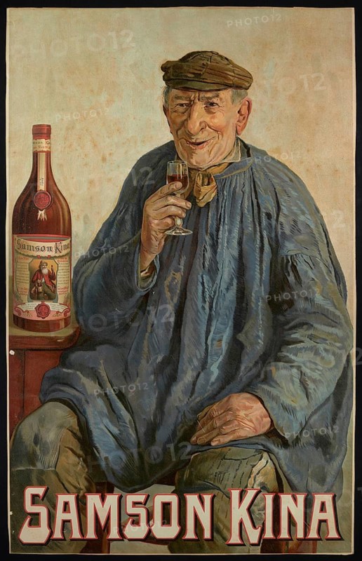 Advertising poster, beverage advertisement, advertising poster for Samson Kina depicting an elderly man in traditional clothing enjoying a glass of drink, 1922, authentic reproduction of a historical advertising poster, advertising sign, in high resolution, historical