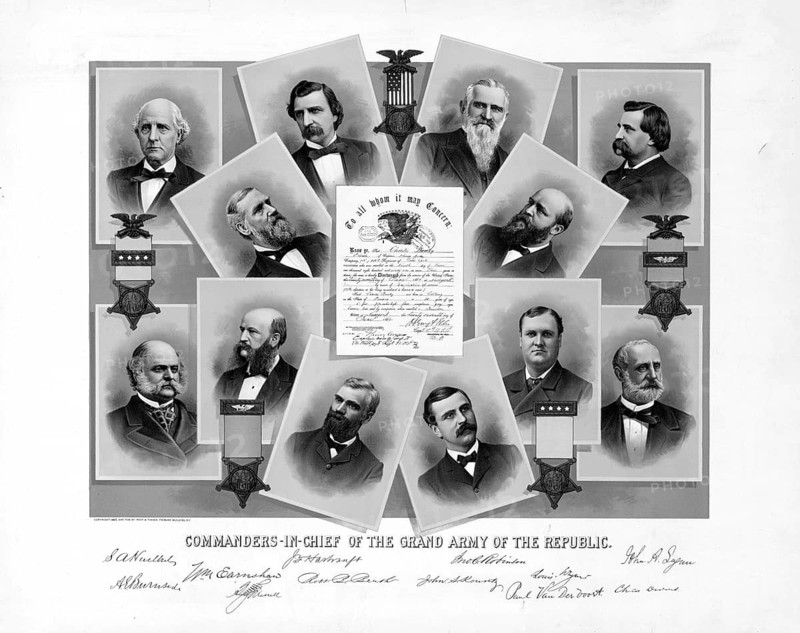 Commanders-in-Chief of the Grand Army of the Republic (GAR), a veterans' organisation of the Union Army following the American Civil War. Portraits of former Commanders-in-Chief of the GAR, including well-known figures and generals from the US Civil War such as John A. Logan, John F. Hartranft and Lucius Fairchild, authentic, digitally restored, high-resolution reproduction from a 19th-century original, exact date of the depiction unknown, American history, historical