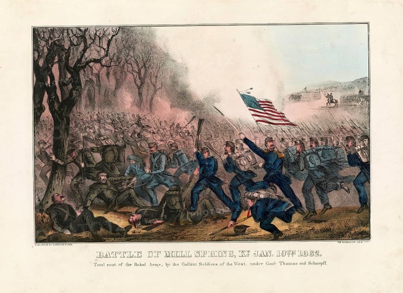 Colour lithograph of the Battle of Mill Springs, also known as the Battle of Fishing Creek, on 19 January 1862. The battle took place in Kentucky during the American Civil War and ended in a victory for the Union forces (Northern States) under General George H. Thomas over the Confederate forces (Southern States) . The scene depicts the Union troops' assault, with the US flag in the foreground, American history, an authentic, digitally restored reproduction of a 19th-century original, exact date of the depiction unknown, historical