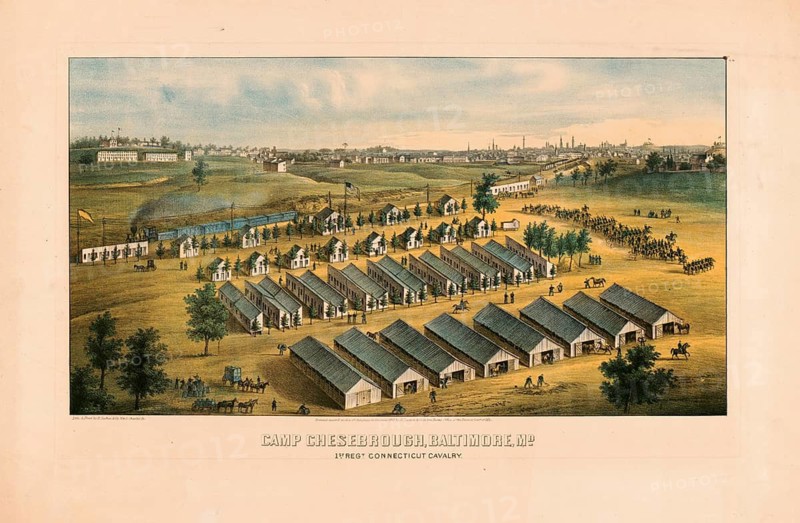 Camp Chesebrough in Baltimore, Maryland, from the time of the American Civil War, in which the 1st Regiment of the Connecticut Cavalry was stationed, authentic, digitally restored high resolution reproduction from a 19th-century model, exact date of presentation unknown, American history, historical