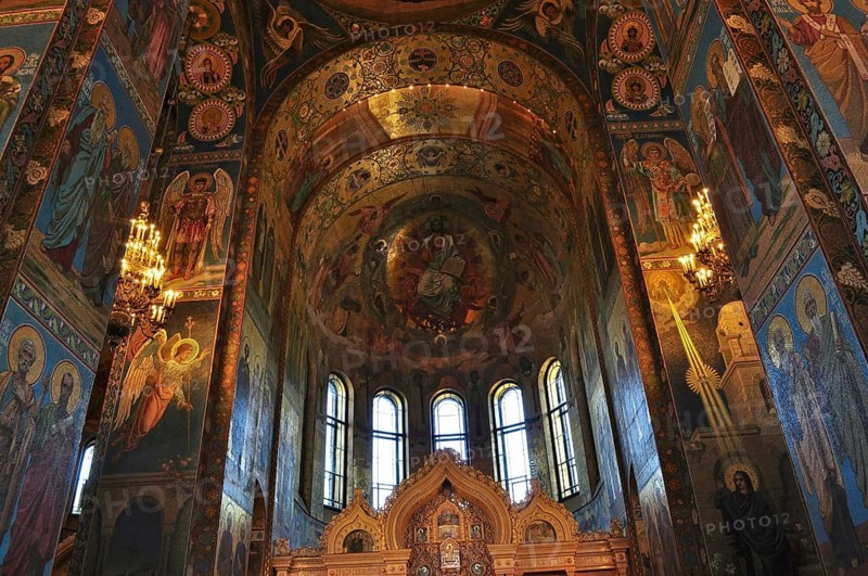 Interior of a church with ornate frescoes and icons on the ceiling and walls, Church of the Resurrection, Saint Petersburg, St. Petersburg, Russia