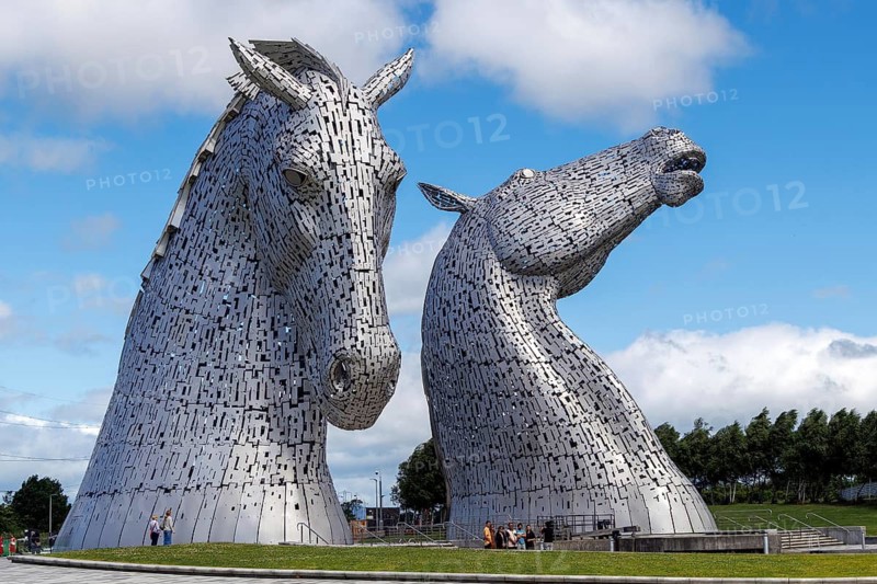 The Kelpies, designed by Andy Scott, a pair of monumental, 30-metre-high steel horse-head sculptures standing as the largest equine sculptures in the world over the Forth and Clyde Canal, the Helix parkland near Falkirk, Scotland, United Kingdom
